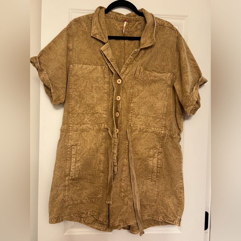 Free People Camel Button-Up Jumpsuit